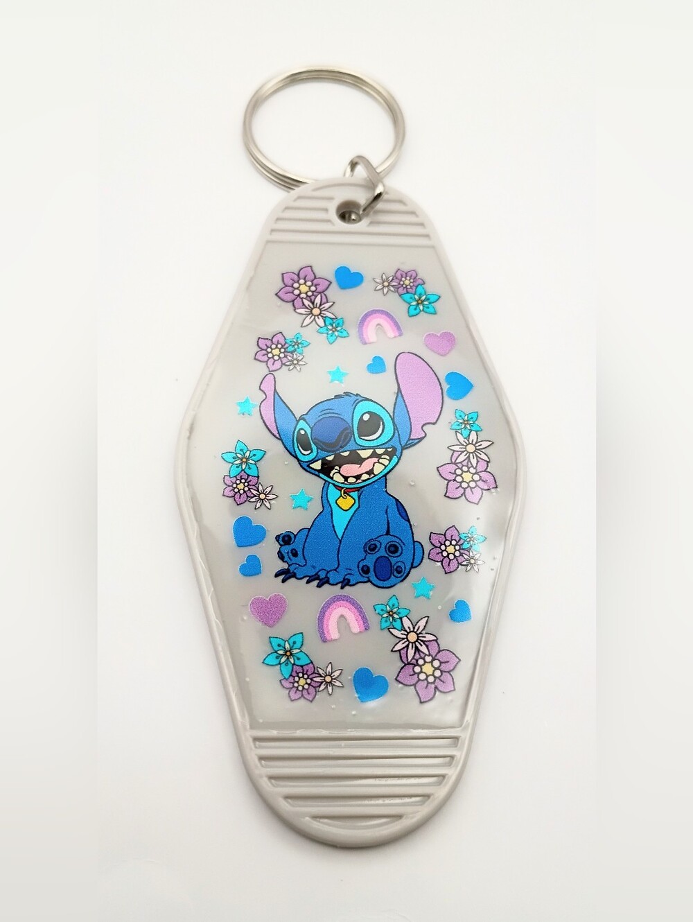 Blue Alien Retro Motel Keychain Floral Hearts UV Resin Sealed
